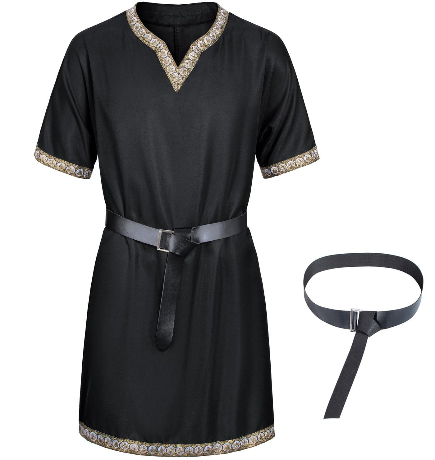 Mens Medieval Costume Viking Pirate Tunic Knight Warrior Renaissance Shirts with Belt Black M