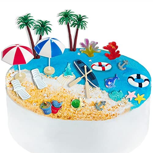 21 Pieces Beach Cake Toppers Hawaiian Chair Boat Palm Tree Umbrella Dollhouse Decoration Miniature Ornament Kits Set for Swimming Pool Summer Beach Birthday