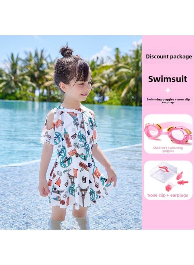 Parent-child Swimsuit Mother And Daughter Conservative One-piece Dress Super Fairy Swimsuit Slimming Meat Covering Small Medium And Large Girls Swimsuit-Color:Children's Beige + Three-piece Set-