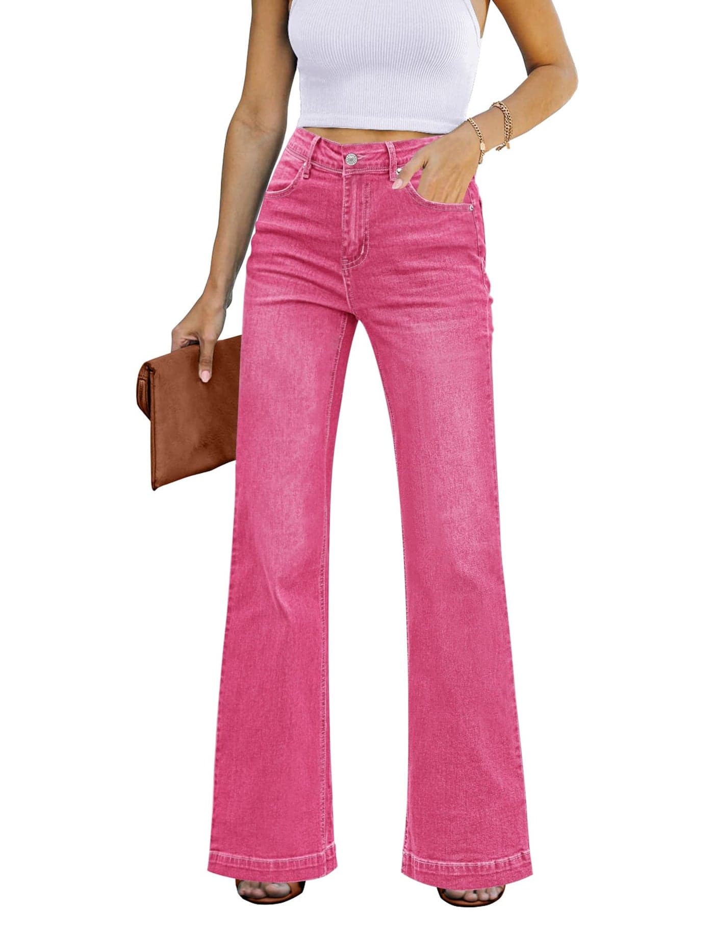 GRAPENT Women's 90s Outfit High Waisted Stretchy Bootcut Bell Bottom Jeans Petite Hot Pink Size 4-6