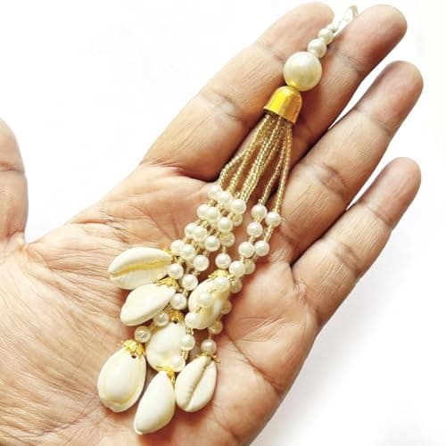Adikala Set of 10 White Fancy Designer Kaudi Shell Pearl Beads Multi-Purpose Women's Ethnic Wear Hanging Latkan Brooch Tassels for Blouse, Lehenga, Suit & Dupatta Embellishment & Decoration
