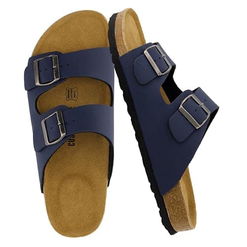 CUSHIONAIRE Lane Cork Footbed Mens Sandals, Adjustable Buckle Comfort Slides for Men, Genuine Leather Insole Summer Sandals Men Footwear, NAVY 8
