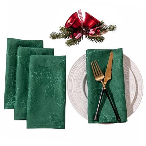 Joyfol Day Green Christmas Cloth Napkins 18 x 18 Inch Jacquard Fabric Winter Poinsettia Washable Napkins Set of 4 Countryside Florals Dinner Napkin for Xmas Party Decorations