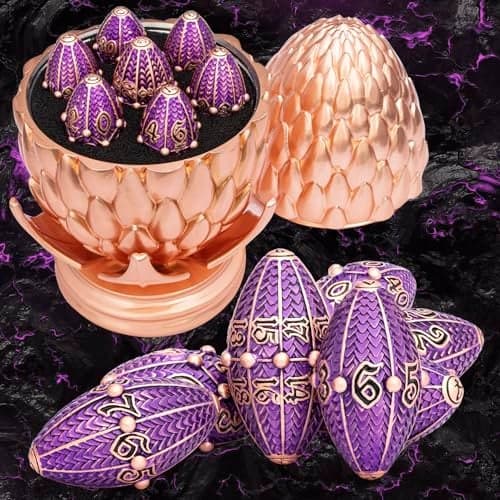 ARUOHHA DND Metal Dice Copper Purple Dragon Egg Dice with Rotating Dragon Egg Shell Role Playing Game RPG Polyhedral D and D Dice Set D20 D12 D10 D8 D6 D4