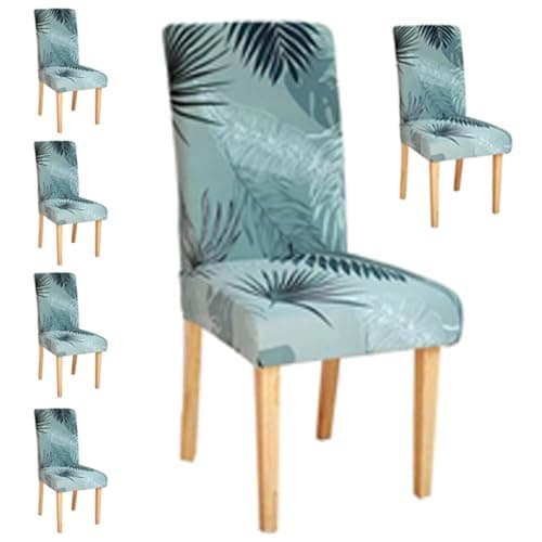 Styleys Stretchable Polyester Dining Slipcovers Washable Elastic Seat Case Protector Chair Covers for Home, Kitchen, Party, Restaurant (SLMC128 White/Green Fern, L) - Set of 6