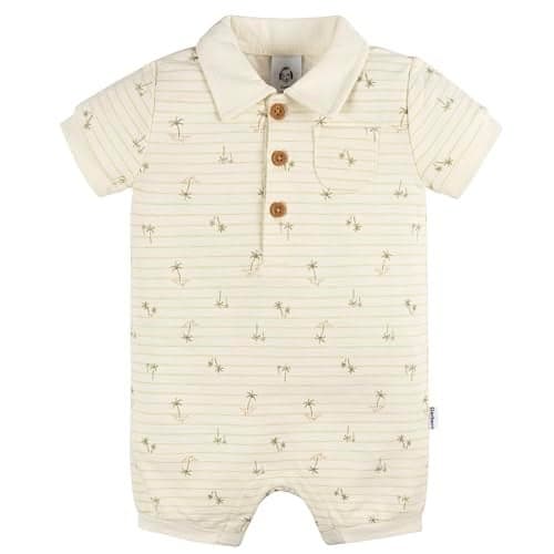 Gerber Baby Boys Cotton Polo Romper, Palm Tree Stripe, 12 Months