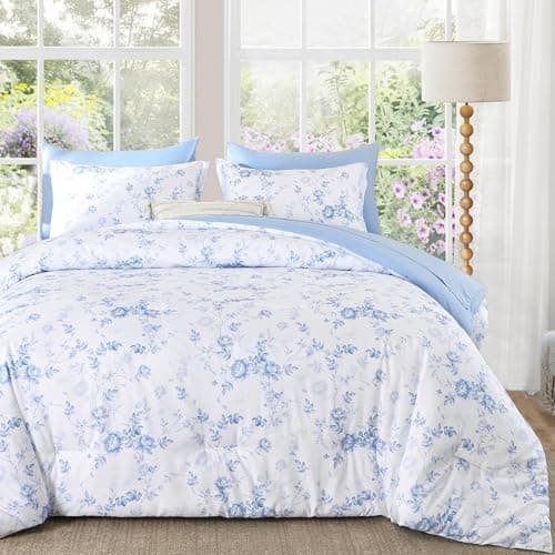 Luxudecor Floral King Comforter Set 7 Pieces Bed in a Bag, Blue Rose Romantic Flower Bed Set, Soft Reversible Comforter with Sheet Set 104"x90"