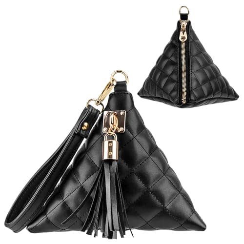 Aatacas Leather Quilted Triangle Wristlet Clutch Purse Handbag - Pyramid Evening Cocktail Wallet Tassel Charm