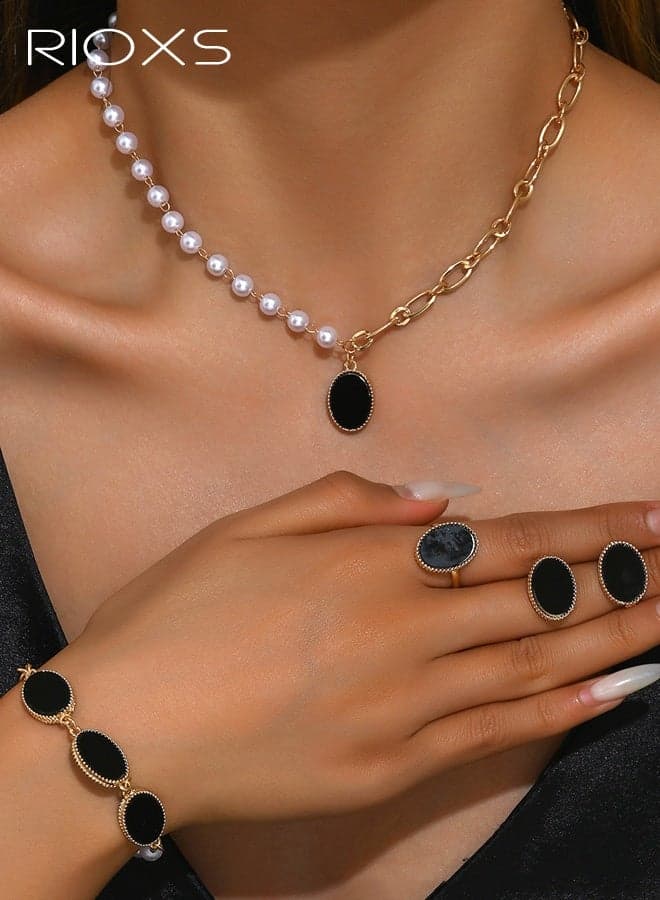 Pearl Gold Plated Jewelry Set for Women, Dainty Baroque Black Oval Pandent Necklace Earing Bracelet and Ring, Trendy Half Pearl Chain Half Paperclip Chain, Delicate Jewelry Set for Women Simple Bridesmaid Jewelry Gifts