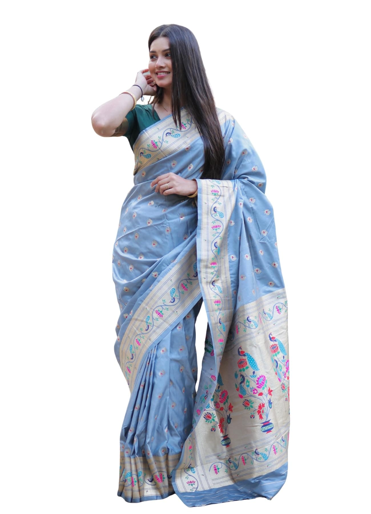AMIRAT Women's Paithani Jacquard Silk Saree with Unstitched Blouse Piece (Grey)