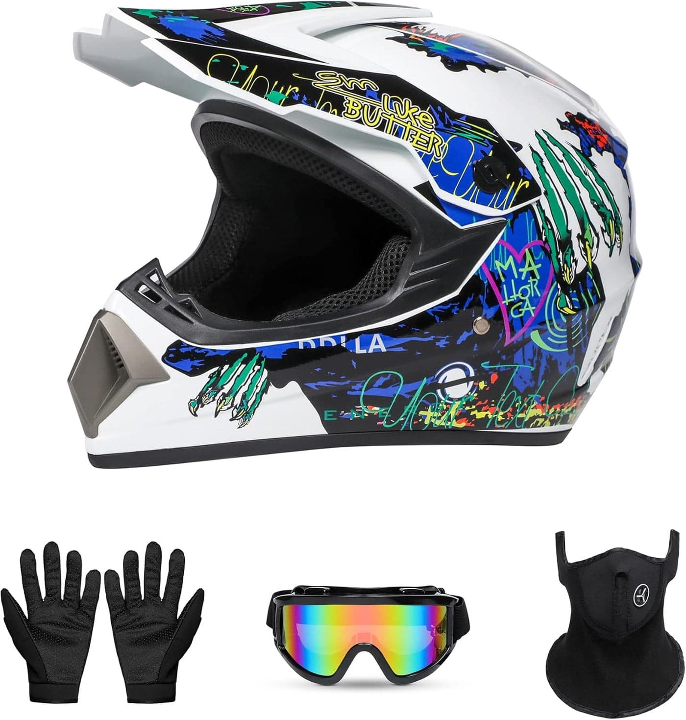 PZ PEZE Youth Motorcross Helmet Set - Off-Road Full-Face Helmet with Goggles, Gloves, and Mask