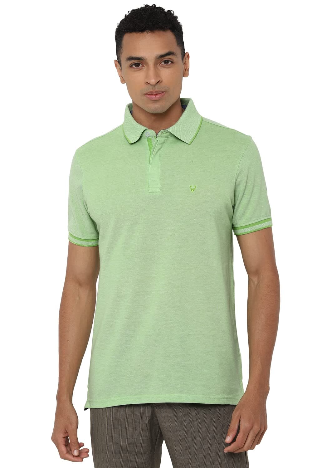 Men Green Textured Polo Neck T-shirt