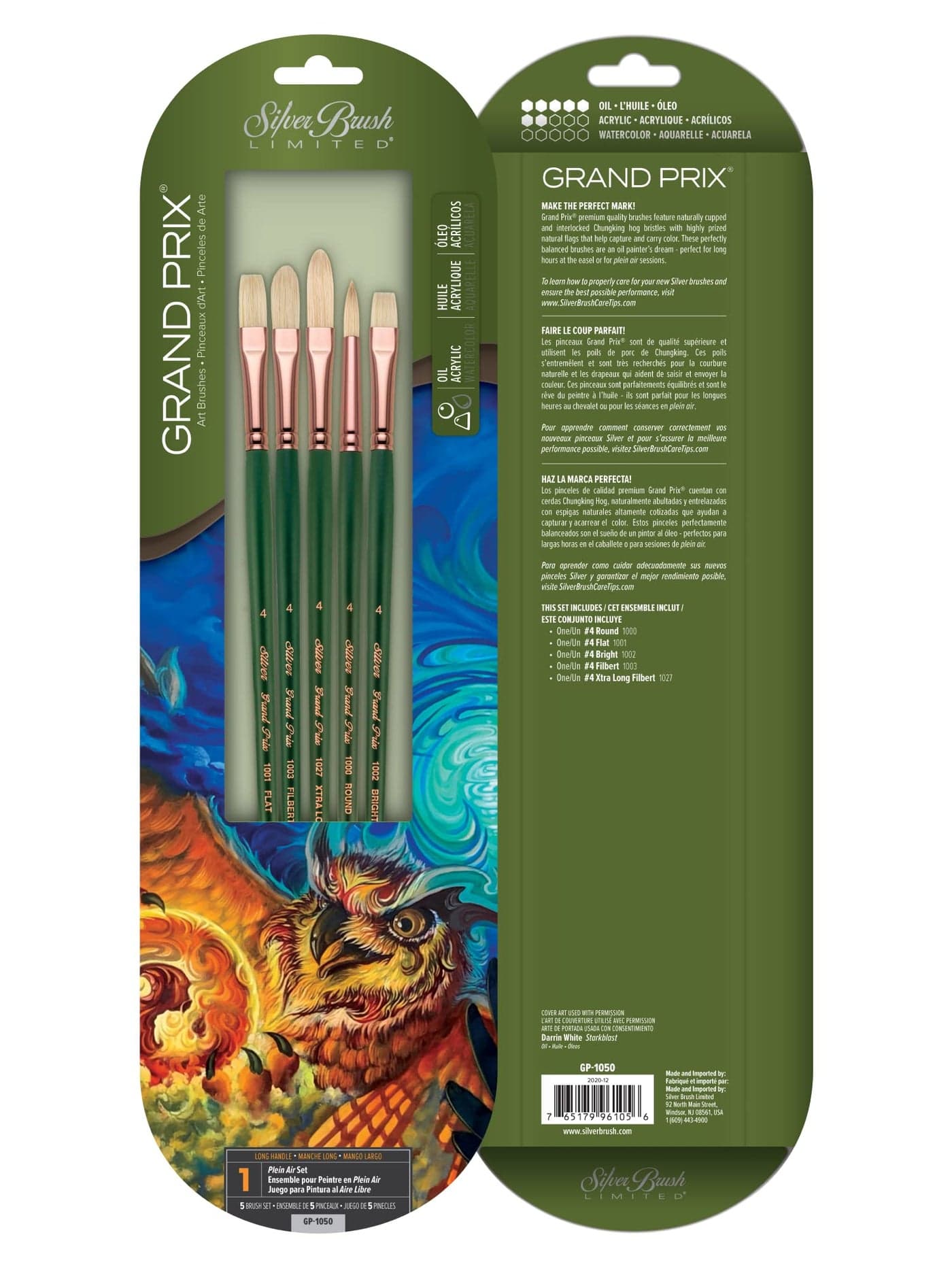 Silver Brush Limited GP-1050 Grand Prix Set, Oil Painting Brushes, Round, Flat, Bright, Filbert, and Xtra Long Filbert Brushes, Size 4, Long Handle, Set of 5 Brushes
