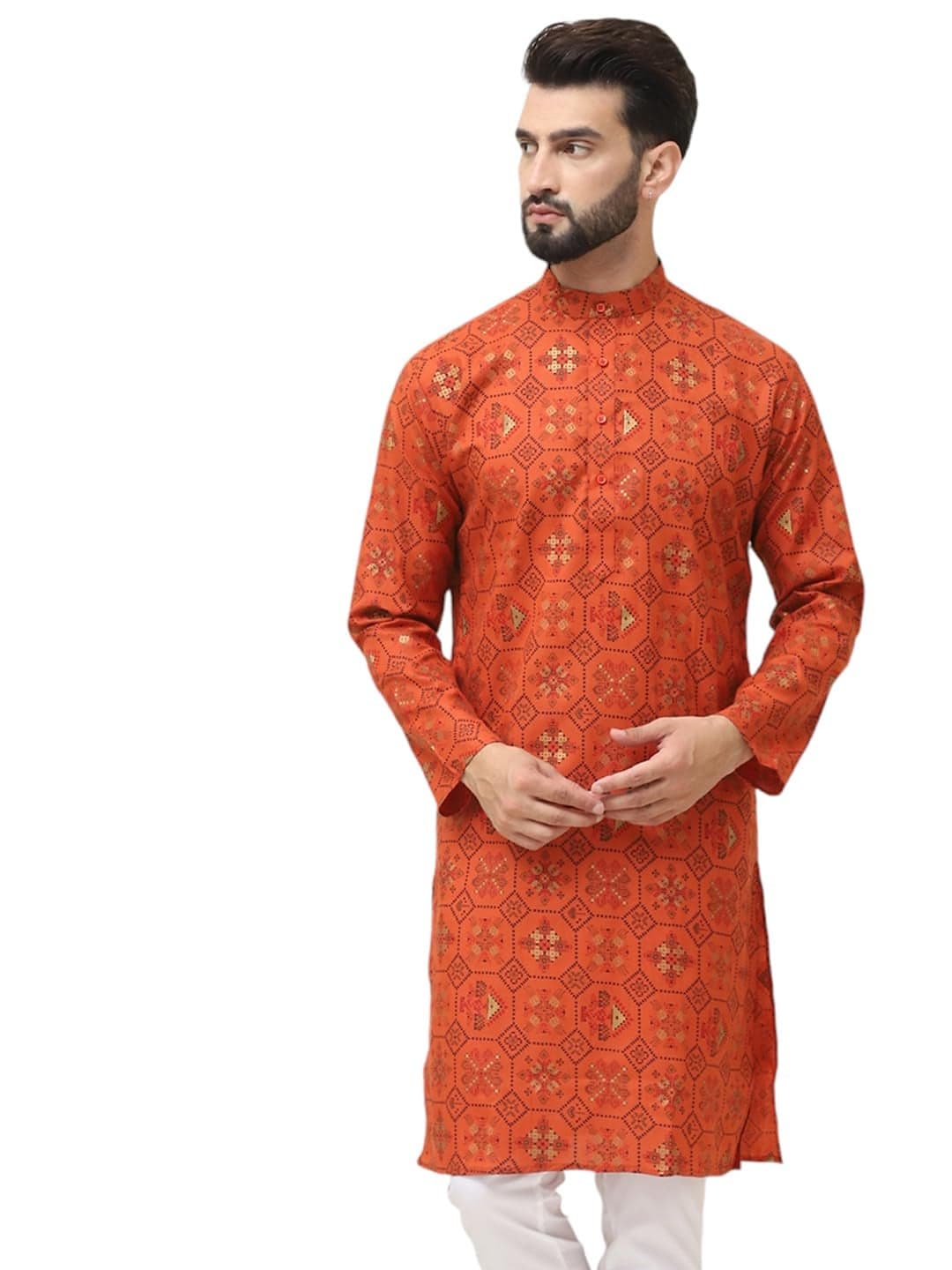 SOJANYA (Since 1958 Men's Cotton Blend Printed Orange Only Long Kurta