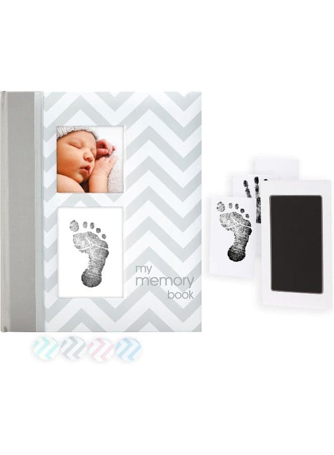Pearhead First 5 Years Chevron Baby Memory Book, Clean-Touch Baby Safe Ink Pad for Baby’s Handprint or Baby’s Footprint, Gender Neutral Baby Milestone And Pregnancy Book, Gray