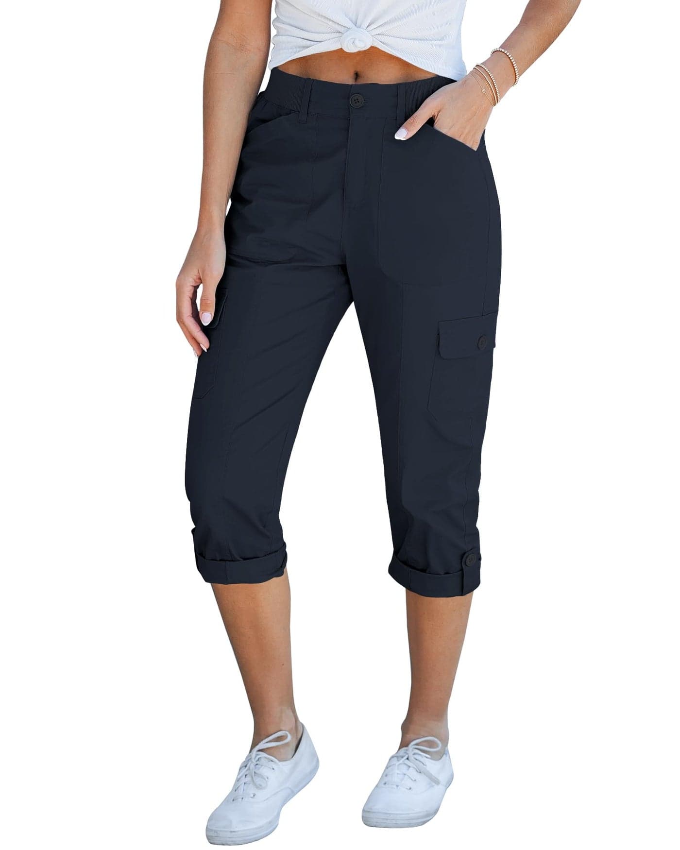 GRAPENT Summer Cargo Capris with Pockets - Women's High Waisted Chino Utility Pants - Navy Blue - Sizes 12 & 14