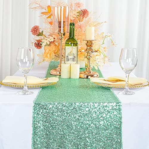 ShiDianYi 12''*72'' Mint Green Sequin Table Runner Sparkly Metallic Sequin Runner for Wedding Party Dinner Reception Light Green Christmas Table Runner 72 Inches Long Sequence Table Runner