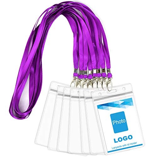 Lanyard with ID Holder 50 Pcs Waterproof Name Tag Badge ID Card Holders ID Pass Holder and 50 Pcs Flat Neck Lanyards Swivel Hook (Purple, Vertical)