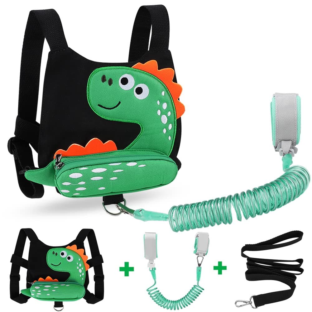 3 in 1 Toddler Harness Leash Baby Anti Lost Wrist Link Accmor Cute Dinosaur Child Safety Harness Tether Kids Walking Wristband Assistant Strap Belt for Parent Boys Outdoor Activity Black