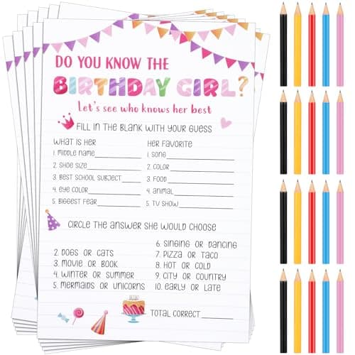 Marspark 50 Pcs Who Knows The Birthday Girl Best Pink Birthday Party Game Cards Set with 20 Pcs Cute Pencils for Teens Girls Night Sweet Sleepover Party Supplies