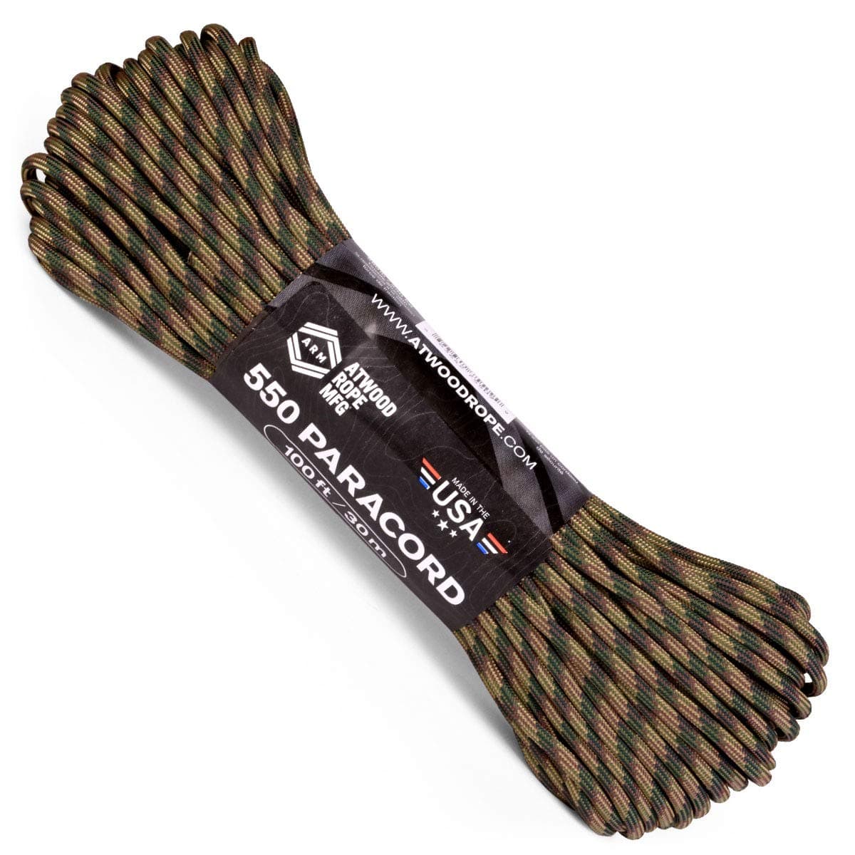 Atwood Rope MFG 550 Paracord 100 Feet 7Strand Core Nylon Parachute Cord Outside Survival Gear Made in USA Lanyards Bracelets Handle Wraps Keychain Recon