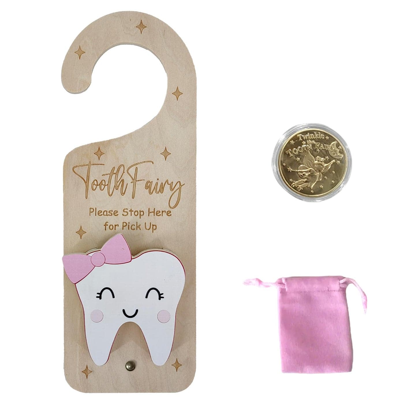 Tooth Fairy Door Hanger Wooden Tooth Fairy Money Holder with Tooth Coins for Lost Tooth Kids Gifts Pink