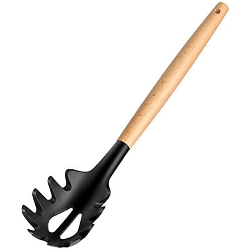 LorisArm Wooden Handle Pasta Fork Spoon 12" Silicone Spaghetti Fork Food Grade Noodle Spoon, BPA Free, Spaghetti Spoons Strainer & Server Spoonss