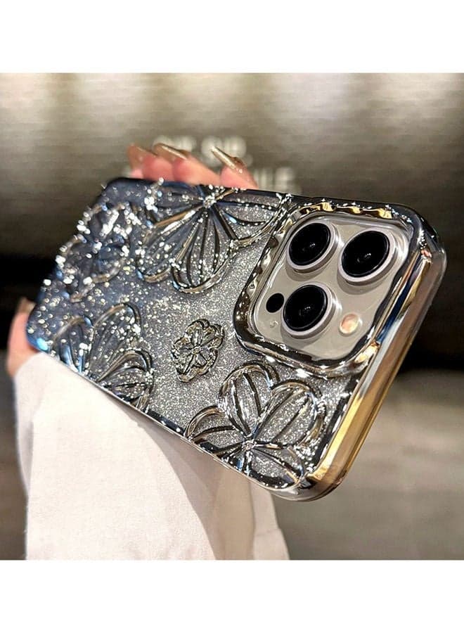 Sparkle Case for iPhone 16 Pro Max,Dazzle 3D Flower,Camera Protection,Elegant Gradient iPhone 16 Pro Max Cover,Premium Shiny iPhone 16 Pro Max Case ,Silver