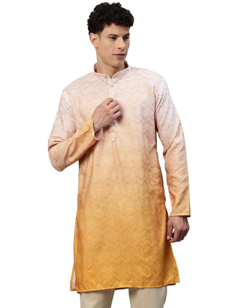 Luxrio Men's Ombre Shaded Sequence Self Embroidered Textured Long Kurta Full Sleeves Bright Yellow Size M