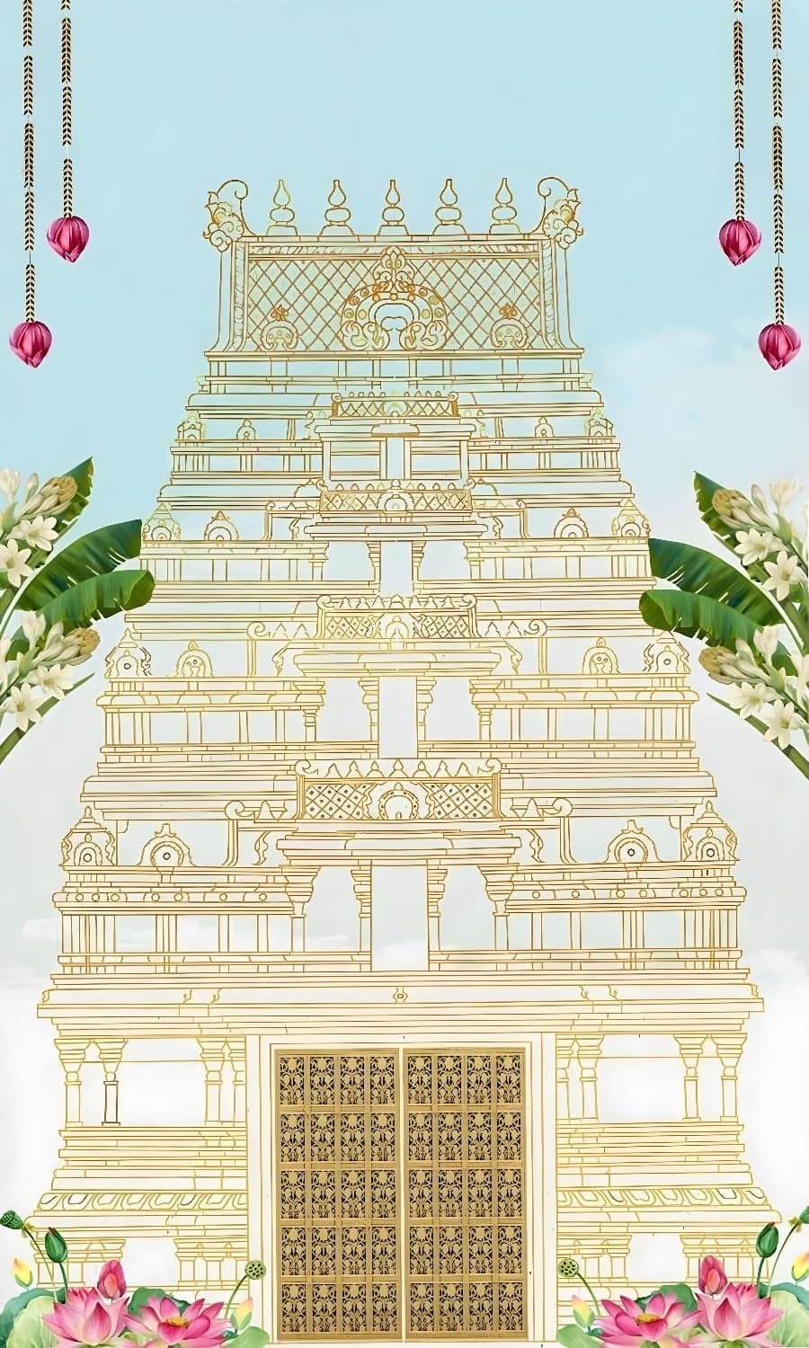 Lord Worship Temple Design Backdrop Cloth for Pooja Decoration Background Curtain Cloth Fabric-Polyester Size 8 Feet Height and 5 Feet Width(8 * 5)