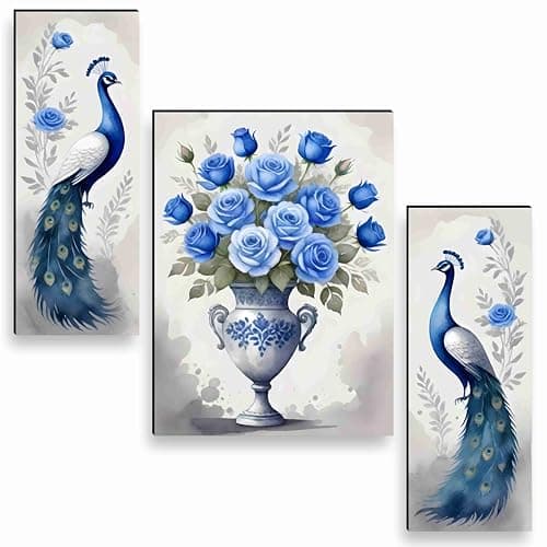 SAF flower with couple peacock Paintings for Wall Decoration - Set Of 3, 3d Painting for Living Room Large Size with Frames for Home Decoration, Hotel, Office painting 60 cm x 45 cm SANFWF36045