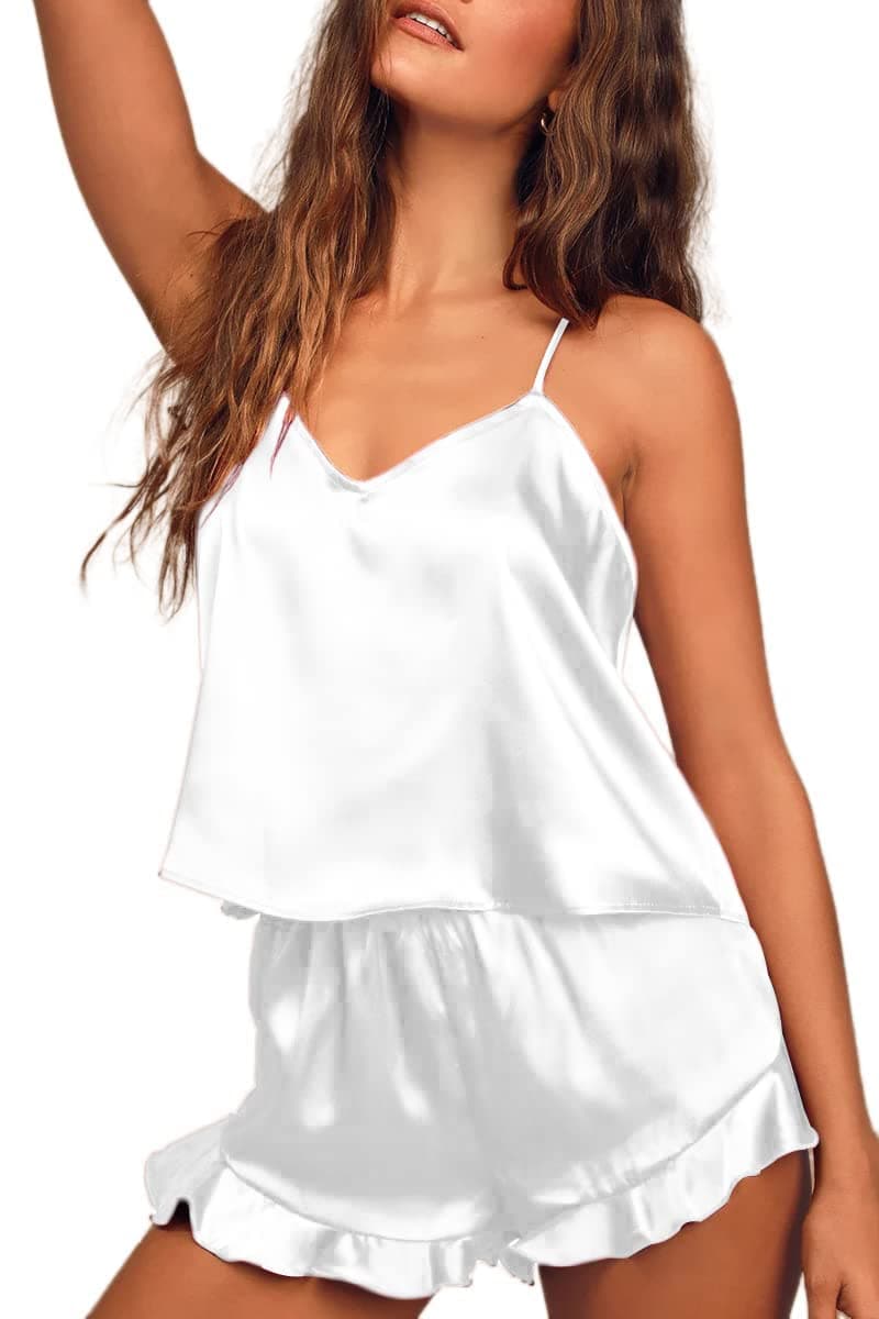Ekouaer Satin Pajama Set for Women Silk Pjs for Women Set Camisole Top and Shorts with Ruffle Sleepwear White
