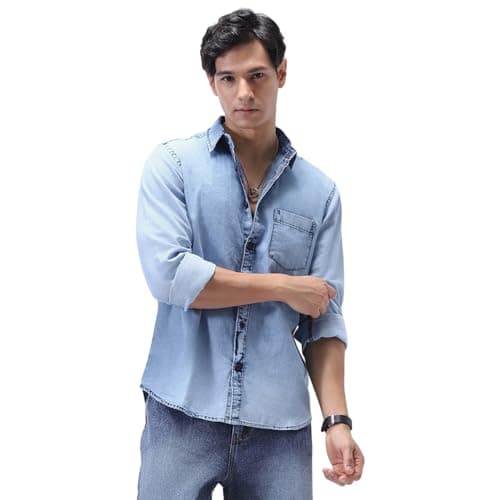 Urbano Fashion Men's Ice Blue Regular Fit Full Sleeve Washed Denim Shirt (shirtdentowl-02-iceblue-xl)