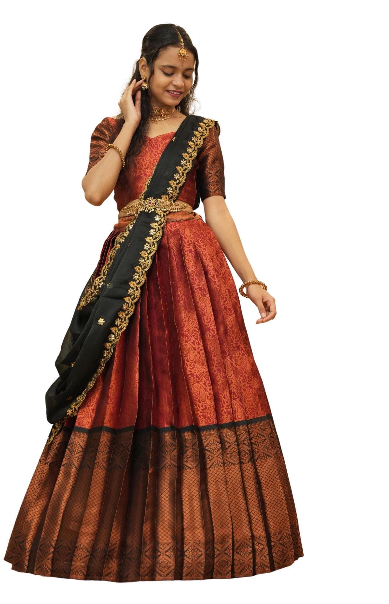 Fabcartz South Indian Half and Half Saree For Women (MaroonBlack)