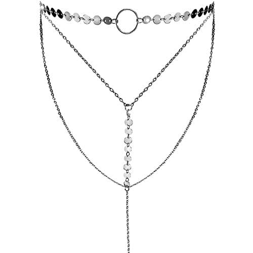 Suyi Stylish Layered Sequins Choker Necklace with Thin Long Chain Pendant for Women Lady A-Silver