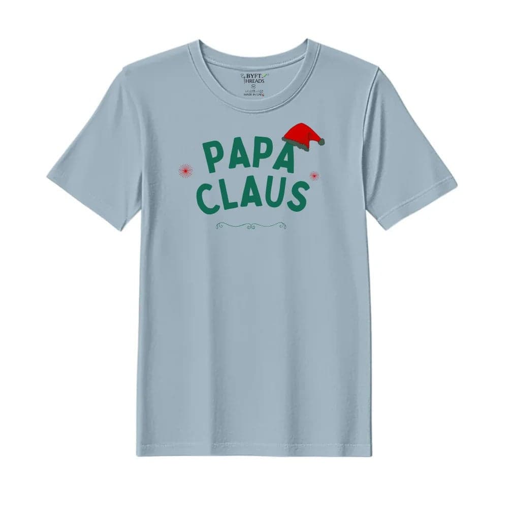 BYFT Threads XL Baby Blue Polycotton T-Shirt - Christmas "Papa Claus Hat" Printed Design, Premium Holiday Collection