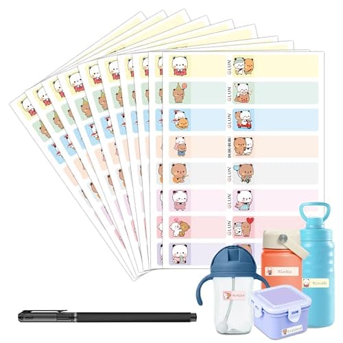 GLUN® Dudu & Bubu Bear Characters Theme Vinyl Name Tag Waterproof Stickers, 10 Sheets 160 Stickers for Bottles, Lunch, Clothes, & Lunch Box, Fadeproof Reusable Self-Adhesive