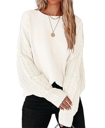 ZESICA Women's 2025 Fall Long Sleeve Crew Neck Solid Color Cable Knit Chunky Casual Oversized Pullover Sweater Tops Beige Medium
