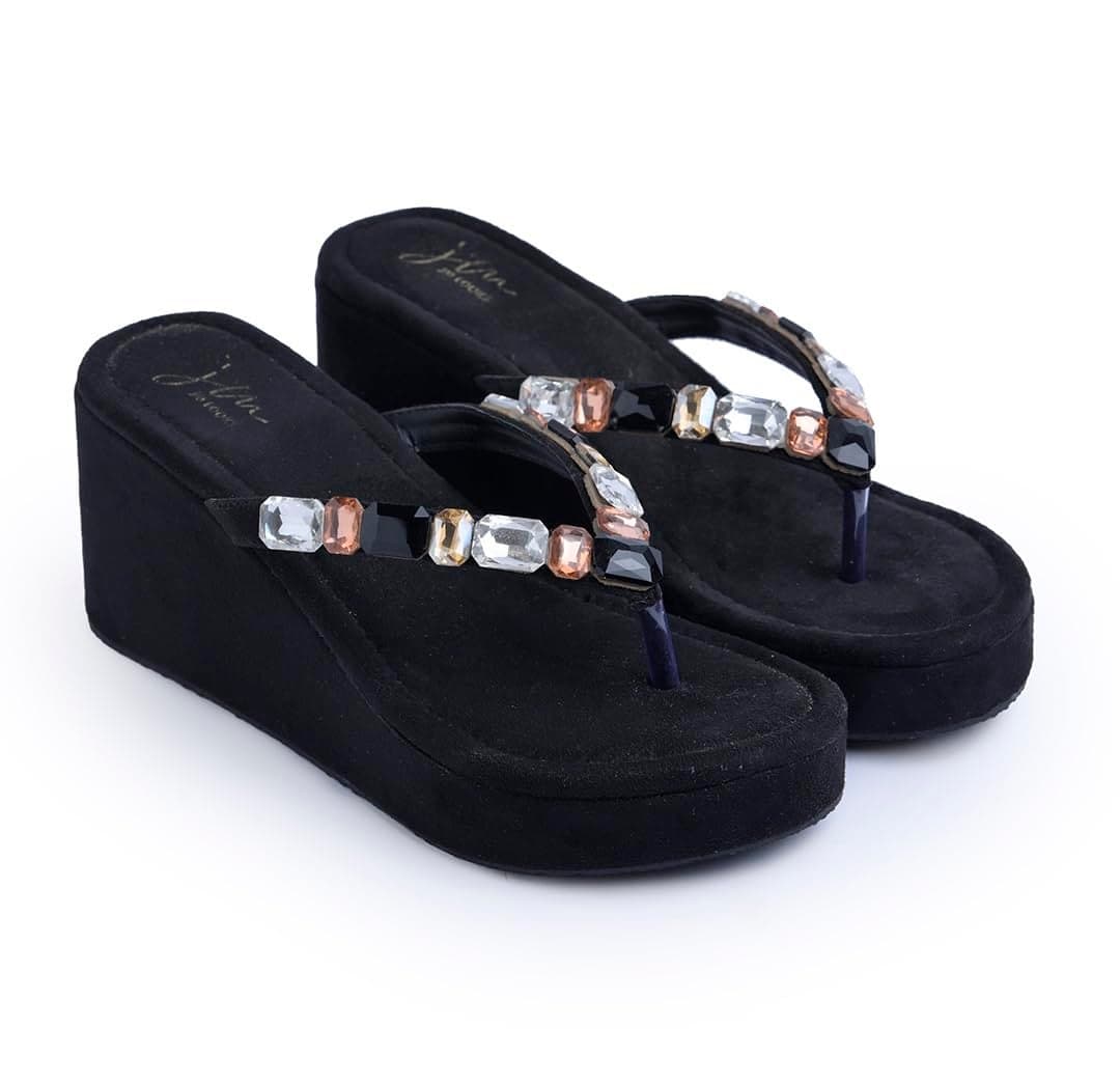 JM LOOKS Women's Rhinestone Sandals High | Low Platform T-Strap Jewel Sandals High Wedge Flip Flops Sandal Summer Beach Sandal - Black