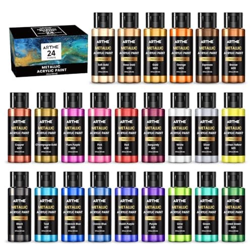 ARTME Metallic Acrylic Paint Set 24 Metallic Colors in 2 oz60ml Bottles Metallic Shining Acrylic Paint Rich Pigments Paint Perfect for Artists Beginners on Canvas Rocks Wood Fabric Ceramic