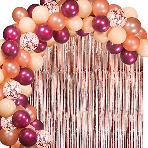 Lazybeee 84 Pcs Burgundy Balloons Garland Thanksgiving Balloon Garland Kit with Tinsel Curtain Rose Gold Burgundy Balloons Arch Kit for Fall Thanks Giving Party Decorations