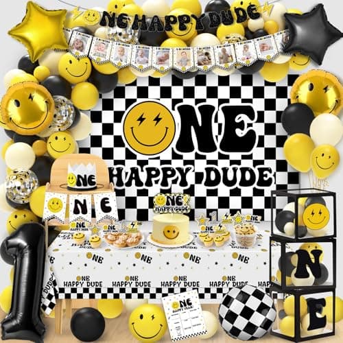 One Happy Dude 1st Birthday Decorations Lightning Bolt One Happy Dude First Birthday Backdrop Balloons Arch Box High Chair Banner Birthday Party Idea for Baby BoysGirls