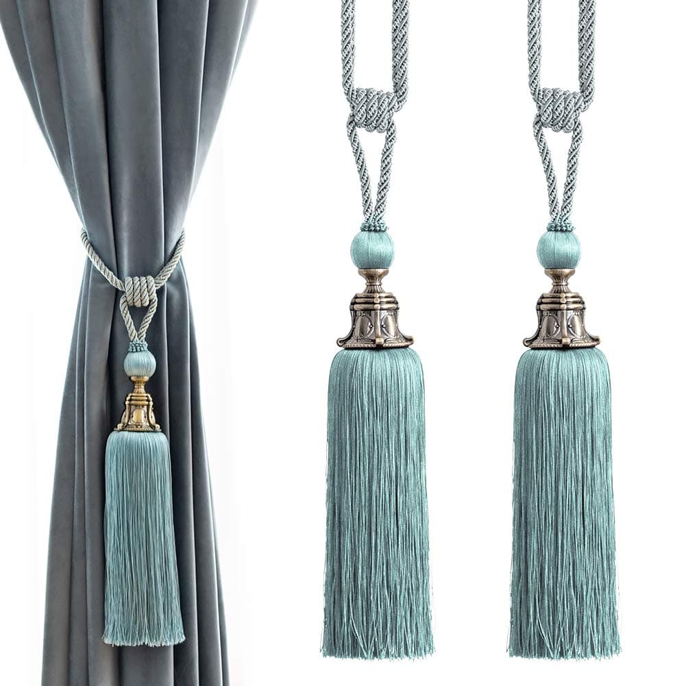 Melodieux Decorative Curtain Tiebacks Antique Tassels Holdbacks Home Office Windows Drapery Fasteners Fringe Ropes Set of 2 Blue