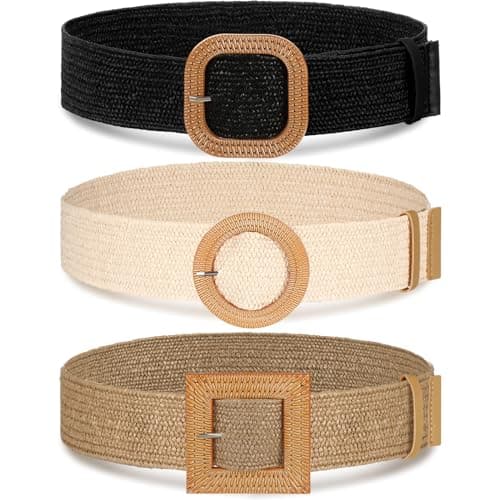 Syhood 3 Pieces Straw Woven Elastic Waist Belt for Women Bohemian Dress Braided Belt (Black, Khaki, Apricot,Fit Waist Size Below 31'')