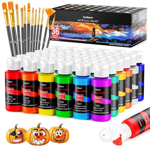 Caliart Acrylic Paint Set with 12 Brushes, 36 Colors (59ml, 2oz) Art Craft Paints Gifts for Artists Adults Beginners Painters, Halloween Pumpkin Canvas Ceramic Wood Rock Painting Kit Art Supplies