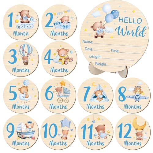 Wooden Baby Monthly Milestone Cards Double Sided Baby Birth Announcement Sign Hello World Milestone Sign Discs Pregnancy Baby Shower Gifts for Newborn Photo Props Bear