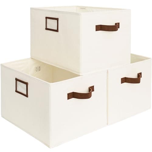 StorageWorks Storage Baskets for Shelves Foldable Fabric Closet Storage Bins with PU Handles Fabric Storage Bins Clothes Organizer Ivory White 3Pack Large