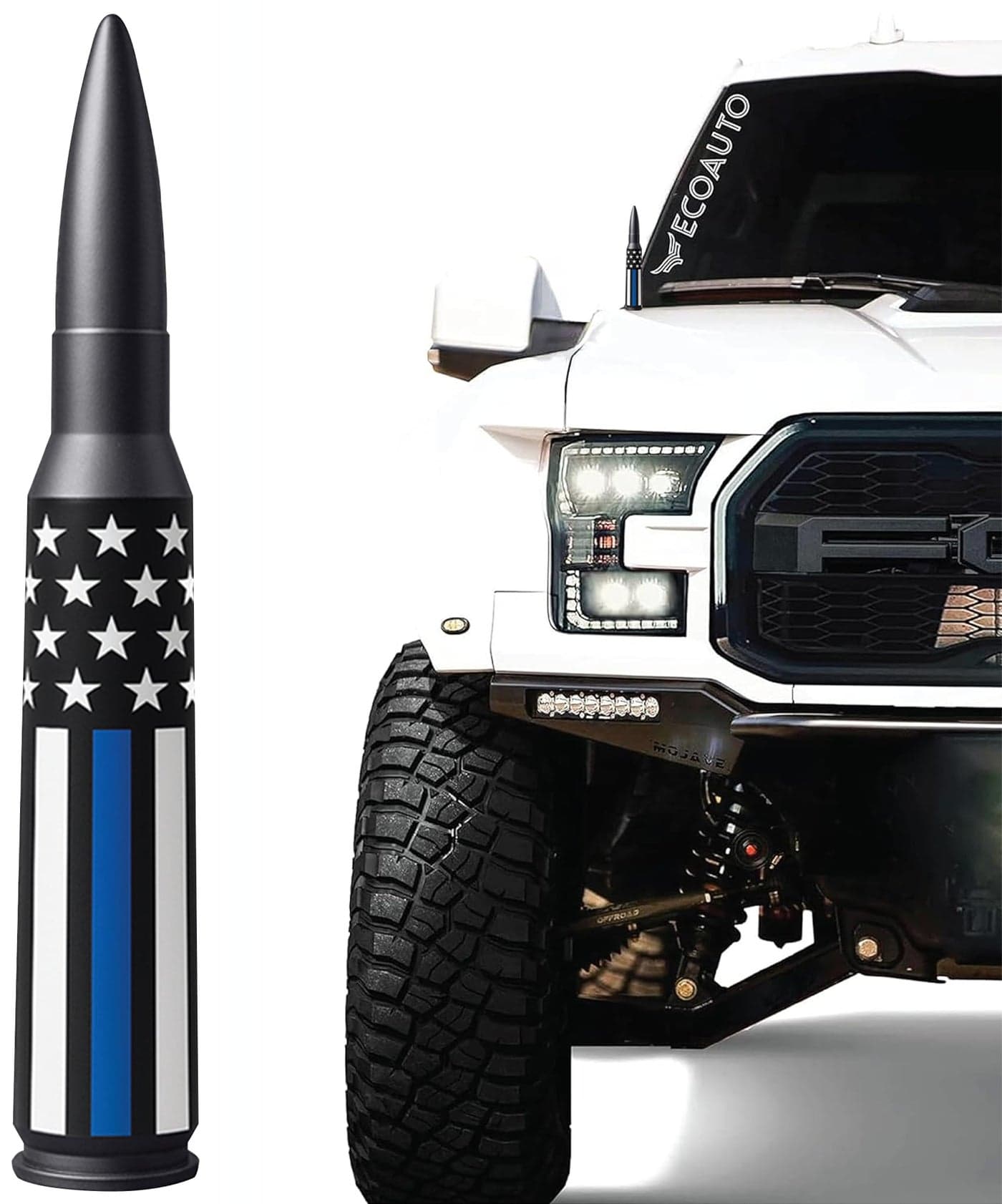 EcoAuto Badass Bullet Antenna Replacement for Dodge Ram & Ford F150 F250 F350 Super Duty Raptor Bronco Trucks - Anti-Theft Design-Radio Antenna for Truck 1990 - Current (American Flag Support Blue)