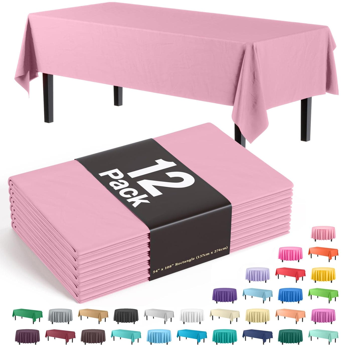 Exquisite Party Solids 12Pack Premium Plastic Tablecloth 54in x 108in Rectangle Table Cover Pink