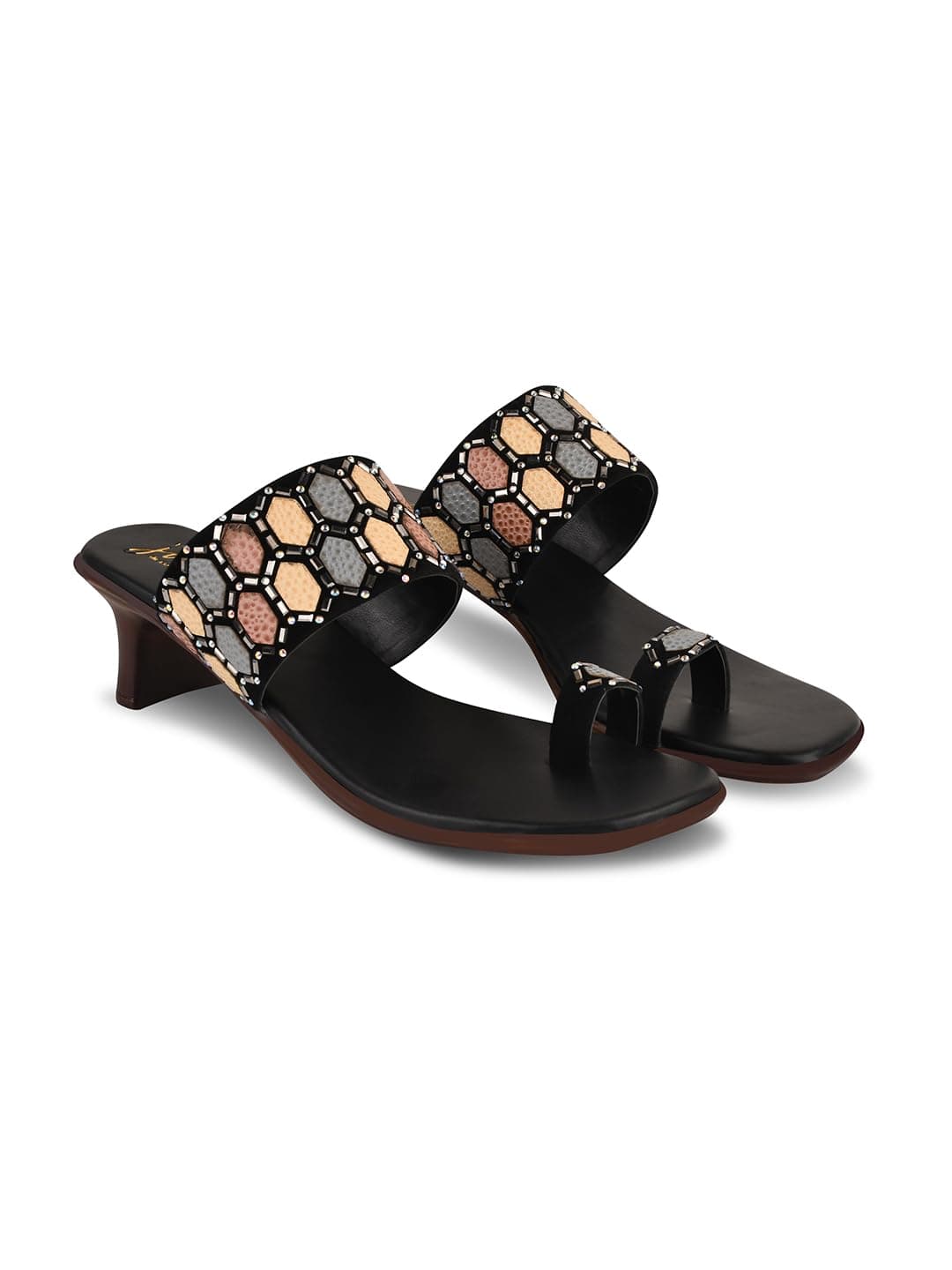 JM LOOKS Women's One Toe Ethnic Slip-On Sandal Block Heel Slippers Embellished & Trendy Footwear For Women & Girls - Black